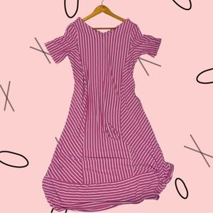 Stretchy casual summer dress, pink with white stripes size L